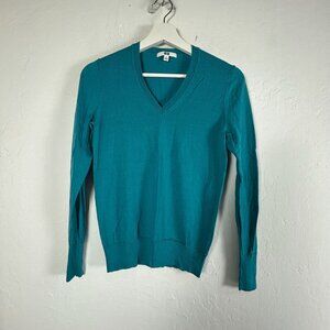 Uniqlo Womens V-Neck Sweater Teal Small Pure New Wool Lightweight Knit Pullover